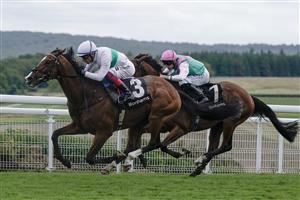 CHICHESTER, ENGLAND - AUGUST 04: Frankie Dettori riding Epictetus (white) win The Bonhams Thoroughbred Stakes from Ryan Moore and Nostrum at Goodwood Racecourse on August 04, 2023 in Chichester, England. (Photo by Alan Crowhurst/Getty Images)