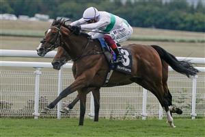 CHICHESTER, ENGLAND - AUGUST 04: Frankie Dettori riding Epictetus (white) win The Bonhams Thoroughbred Stakes from Ryan Moore and Nostrum at Goodwood Racecourse on August 04, 2023 in Chichester, England. (Photo by Alan Crowhurst/Getty Images)
