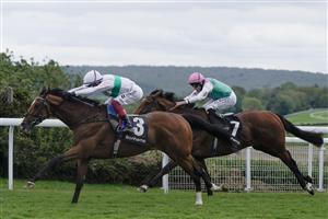 CHICHESTER, ENGLAND - AUGUST 04: Frankie Dettori riding Epictetus (white) win The Bonhams Thoroughbred Stakes from Ryan Moore and Nostrum at Goodwood Racecourse on August 04, 2023 in Chichester, England. (Photo by Alan Crowhurst/Getty Images)