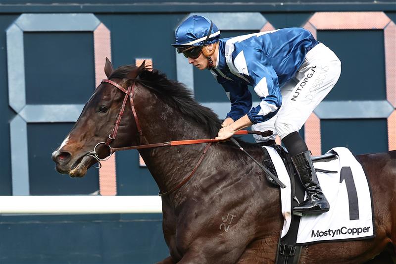 SYDNEY, AUSTRALIA - AUGUST 19:  Dylan Gibbons riding Buenos Noches wins Race 5 Mostyncopper Show County Quality during "Winx Stakes Day" - Sydney Racing at Royal Randwick Racecourse on August 19, 2023 in Sydney, Australia. (Photo by Jeremy Ng/Getty Images)