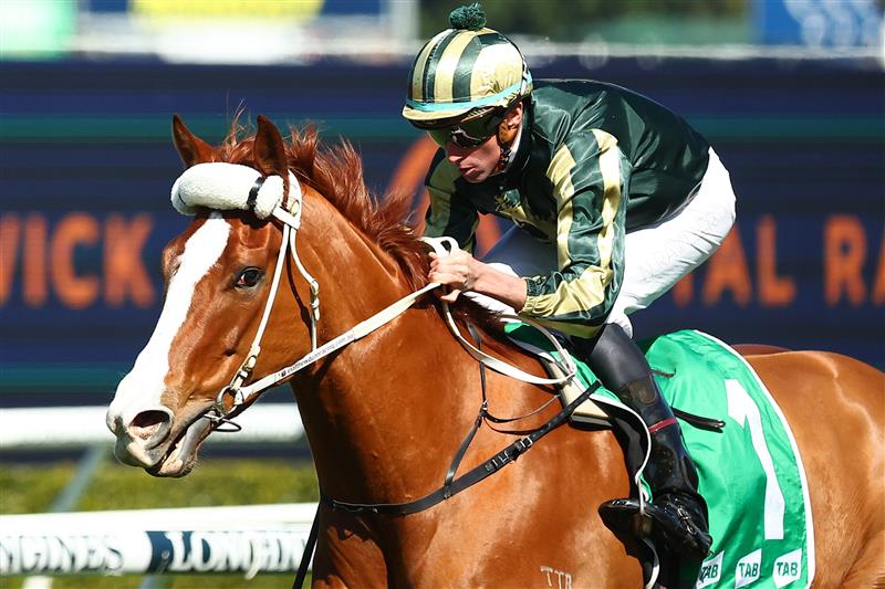 SYDNEY, AUSTRALIA - AUGUST 19: Nash Rawiller riding Derry Grove wins Race 2 TAB Highway Handicap during "Winx Stakes Day" - Sydney Racing at Royal Randwick Racecourse on August 19, 2023 in Sydney, Australia. (Photo by Jeremy Ng/Getty Images)