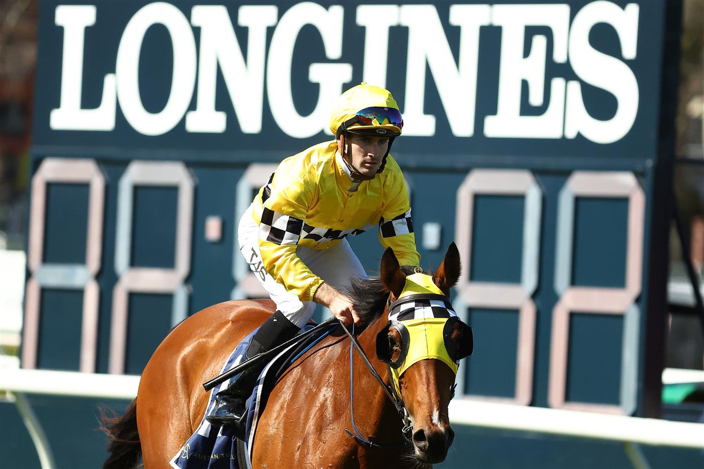 SYDNEY, AUSTRALIA - AUGUST 19: Tyler Schiller riding Awesome Wonder wins Race 3 Gold Coast Turf Club during "Winx Stakes Day" - Sydney Racing at Royal Randwick Racecourse on August 19, 2023 in Sydney, Australia. (Photo by Jeremy Ng/Getty Images)