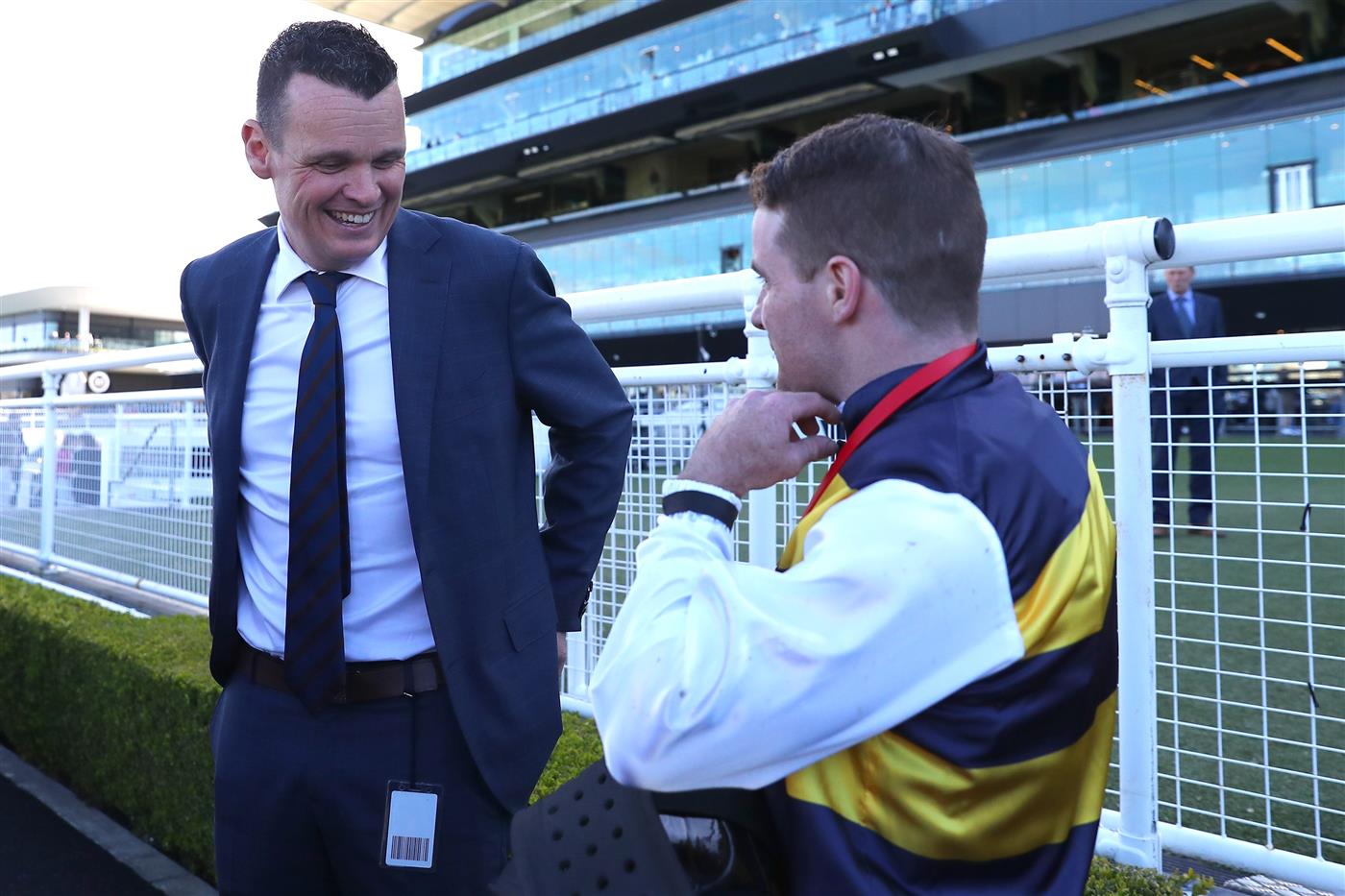 SYDNEY, AUSTRALIA - AUGUST 19: Trainer Joseph Pride embraces after Reece Jones riding Principessa wins Race 4 Toyota Forklifts during "Winx Stakes Day" - Sydney Racing at Royal Randwick Racecourse on August 19, 2023 in Sydney, Australia. (Photo by Jeremy Ng/Getty Images)