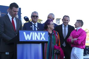 SYDNEY, AUSTRALIA - AUGUST 19: VIPs and connections celebrate winning Race 8 Winx Stakes  during "Winx Stakes Day" - Sydney Racing at Royal Randwick Racecourse on August 19, 2023 in Sydney, Australia. (Photo by Jeremy Ng/Getty Images)