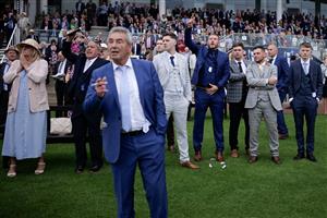 YORK, ENGLAND - AUGUST 23: A racegoer celebrates a winner at York Racecourse on August 23, 2023 in York, England. (Photo by Alan Crowhurst/Getty Images)