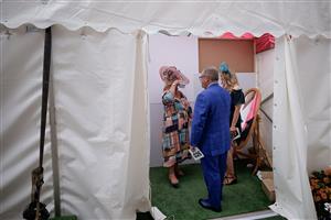 YORK, ENGLAND - AUGUST 23: A best dressed show for racegoers to enter at York Racecourse on August 23, 2023 in York, England. (Photo by Alan Crowhurst/Getty Images)