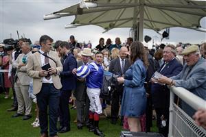 YORK, ENGLAND - AUGUST 23: Frankie Dettori in the winners enclosure after riding Mostahdaf to win The Juddmonte International Stakes at York Racecourse on August 23, 2023 in York, England. (Photo by Alan Crowhurst/Getty Images)