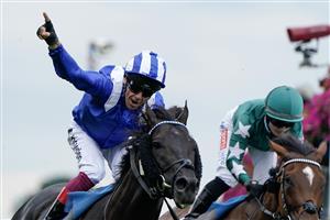 YORK, ENGLAND - AUGUST 23: Frankie Dettori riding Mostahdaf win The Juddmonte International Stakes at York Racecourse on August 23, 2023 in York, England. (Photo by Alan Crowhurst/Getty Images)