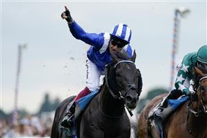 YORK, ENGLAND - AUGUST 23: Frankie Dettori riding Mostahdaf win The Juddmonte International Stakes at York Racecourse on August 23, 2023 in York, England. (Photo by Alan Crowhurst/Getty Images)
