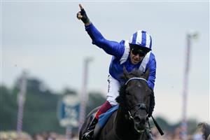 YORK, ENGLAND - AUGUST 23: Frankie Dettori riding Mostahdaf win The Juddmonte International Stakes at York Racecourse on August 23, 2023 in York, England. (Photo by Alan Crowhurst/Getty Images)