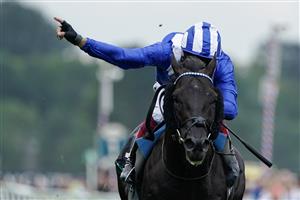 YORK, ENGLAND - AUGUST 23: Frankie Dettori riding Mostahdaf win The Juddmonte International Stakes at York Racecourse on August 23, 2023 in York, England. (Photo by Alan Crowhurst/Getty Images)
