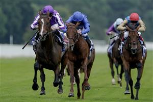 YORK, ENGLAND - AUGUST 23: Ryan Moore riding Continuous (L, purple) win The Sky Bet Great Voltigeur Stakesat York Racecourse on August 23, 2023 in York, England. (Photo by Alan Crowhurst/Getty Images)