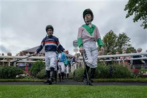 YORK, ENGLAND - AUGUST 24: Jockeys enter the parade ring at York Racecourse on August 24, 2023 in York, England. (Photo by Alan Crowhurst/Getty Images)