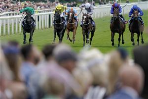 YORK, ENGLAND - AUGUST 24: Tom Marquand riding Relief Rally (L, green) win The Sky Bet Lowther Stakes at York Racecourse on August 24, 2023 in York, England. (Photo by Alan Crowhurst/Getty Images)