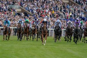 YORK, ENGLAND - AUGUST 24: Ryan Moore riding Dragon Leader (C, white cap) ease down after winning The Goffs UK Harry Beeby Premier Yearling Stakes at York Racecourse on August 24, 2023 in York, England. (Photo by Alan Crowhurst/Getty Images)