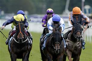 YORK, ENGLAND - AUGUST 24: Tom Queally riding Ropey Guest (blue/white/blue cap) win The Clipper Handicap at York Racecourse on August 24, 2023 in York, England. (Photo by Alan Crowhurst/Getty Images)