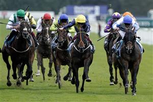YORK, ENGLAND - AUGUST 24: Tom Queally riding Ropey Guest (blue/white/blue cap) win The Clipper Handicap at York Racecourse on August 24, 2023 in York, England. (Photo by Alan Crowhurst/Getty Images)