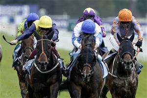 YORK, ENGLAND - AUGUST 24: Tom Queally riding Ropey Guest (blue/white/blue cap) win The Clipper Handicap at York Racecourse on August 24, 2023 in York, England. (Photo by Alan Crowhurst/Getty Images)