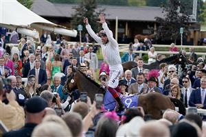 YORK, ENGLAND - AUGUST 26: Frankie Dettori celebrates after riding Absurde to win The Sky Bet Ebor Handicap at York Racecourse on August 26, 2023 in York, England. (Photo by Alan Crowhurst/Getty Images)