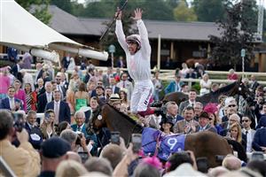 YORK, ENGLAND - AUGUST 26: Frankie Dettori celebrates after riding Absurde to win The Sky Bet Ebor Handicap at York Racecourse on August 26, 2023 in York, England. (Photo by Alan Crowhurst/Getty Images)