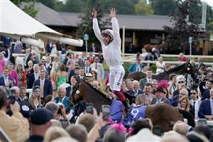 YORK, ENGLAND - AUGUST 26: Frankie Dettori celebrates after riding Absurde to win The Sky Bet Ebor Handicap at York Racecourse on August 26, 2023 in York, England. (Photo by Alan Crowhurst/Getty Images)