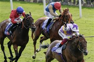 YORK, ENGLAND - AUGUST 26: Frankie Dettori riding Kinross celebrate winning The Sky Bet City Of York Stakes at York Racecourse on August 26, 2023 in York, England. (Photo by Alan Crowhurst/Getty Images)