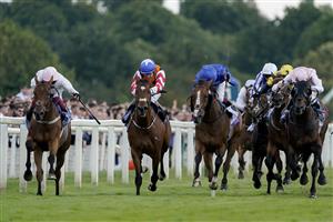 YORK, ENGLAND - AUGUST 26: Frankie Dettori riding Absurde (L, pink) win The Sky Bet Ebor Handicap at York Racecourse on August 26, 2023 in York, England. (Photo by Alan Crowhurst/Getty Images)