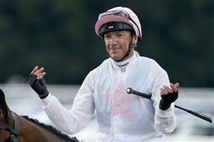 YORK, ENGLAND - AUGUST 26: Frankie Dettori celebrates after riding Absurde to win The Sky Bet Ebor Handicap at York Racecourse on August 26, 2023 in York, England. (Photo by Alan Crowhurst/Getty Images)