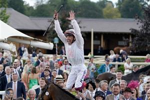 YORK, ENGLAND - AUGUST 26: Frankie Dettori celebrates after riding Absurde to win The Sky Bet Ebor Handicap at York Racecourse on August 26, 2023 in York, England. (Photo by Alan Crowhurst/Getty Images)