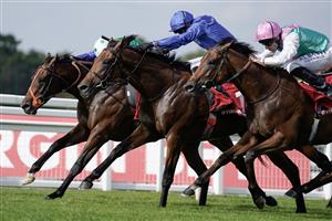 ESHER, ENGLAND - SEPTEMBER 02: James Doyle riding Aablan (blue) win The Virgin Bet Solario Stakes at Sandown Park Racecourse on September 02, 2023 in Esher, England. (Photo by Alan Crowhurst/Getty Images)