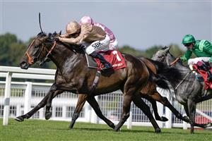 ESHER, ENGLAND - SEPTEMBER 02: Sean Levey riding heredia (gold) win The Virgin Bet Atalanta Stakes at Sandown Park Racecourse on September 02, 2023 in Esher, England. (Photo by Alan Crowhurst/Getty Images)
