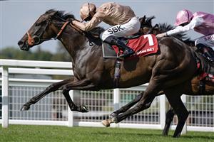 ESHER, ENGLAND - SEPTEMBER 02: Sean Levey riding heredia (gold) win The Virgin Bet Atalanta Stakes at Sandown Park Racecourse on September 02, 2023 in Esher, England. (Photo by Alan Crowhurst/Getty Images)