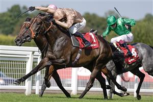 ESHER, ENGLAND - SEPTEMBER 02: Sean Levey riding heredia (gold) win The Virgin Bet Atalanta Stakes at Sandown Park Racecourse on September 02, 2023 in Esher, England. (Photo by Alan Crowhurst/Getty Images)