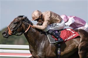 ESHER, ENGLAND - SEPTEMBER 02: Sean Levey riding heredia (gold) win The Virgin Bet Atalanta Stakes at Sandown Park Racecourse on September 02, 2023 in Esher, England. (Photo by Alan Crowhurst/Getty Images)