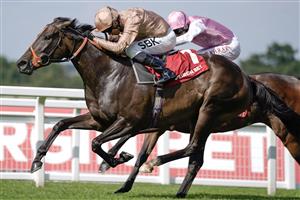 ESHER, ENGLAND - SEPTEMBER 02: Sean Levey riding heredia (gold) win The Virgin Bet Atalanta Stakes at Sandown Park Racecourse on September 02, 2023 in Esher, England. (Photo by Alan Crowhurst/Getty Images)