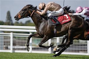 ESHER, ENGLAND - SEPTEMBER 02: Sean Levey riding heredia (gold) win The Virgin Bet Atalanta Stakes at Sandown Park Racecourse on September 02, 2023 in Esher, England. (Photo by Alan Crowhurst/Getty Images)