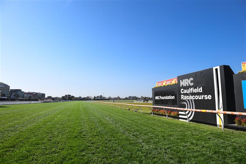 MELBOURNE, AUSTRALIA - SEPTEMBER 02:  General view of the winning post during Melbourne Racing at Caulfield Racecourse on September 02, 2023 in Melbourne, Australia. (Photo by Vince Caligiuri/Getty Images)