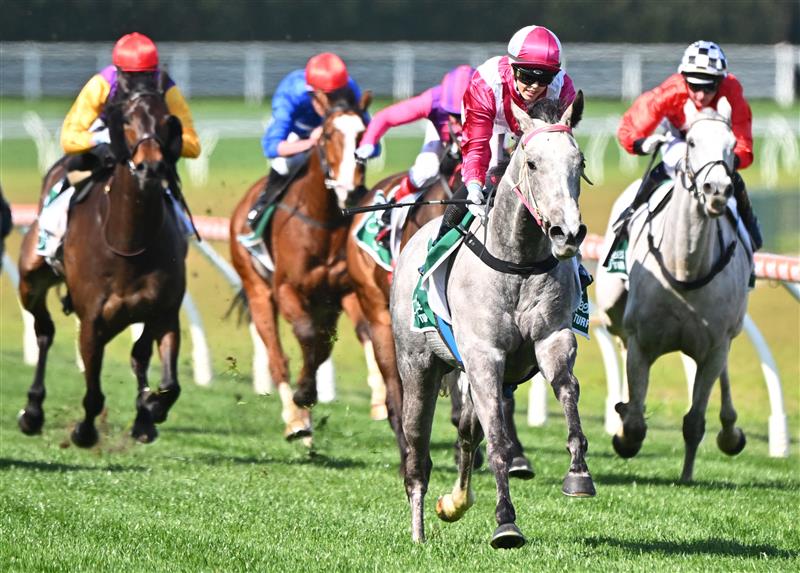 MELBOURNE, AUSTRALIA - SEPTEMBER 02: Tatum Bull riding Frigid winning Race 4, the Evergreen Turf Handicap,  during Melbourne Racing at Caulfield Racecourse on September 02, 2023 in Melbourne, Australia. (Photo by Vince Caligiuri/Getty Images)