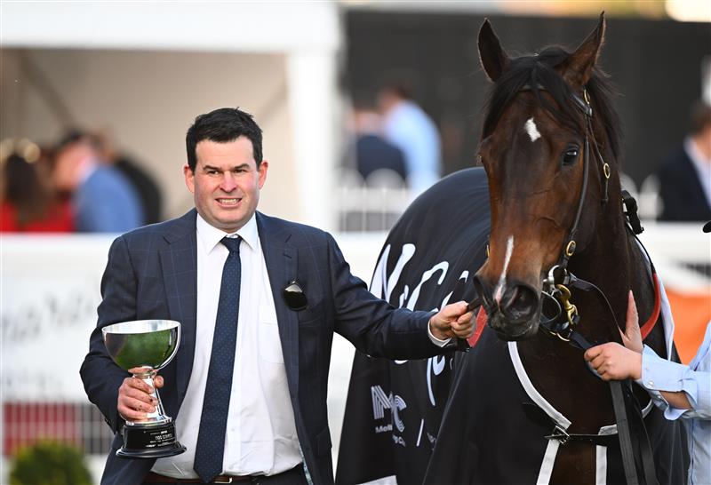 MELBOURNE, AUSTRALIA - SEPTEMBER 02: Trainer Henry Dwyer and Asfoora after winning Race 8, the The Mccafe 1100 Stakes,   during Melbourne Racing at Caulfield Racecourse on September 02, 2023 in Melbourne, Australia. (Photo by Vince Caligiuri/Getty Images)