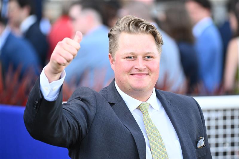 MELBOURNE, AUSTRALIA - SEPTEMBER 02: Trainer Calvin McEvoy poses with Veight after winning in Race 5, the Ive Mcneil Stakes,  during Melbourne Racing at Caulfield Racecourse on September 02, 2023 in Melbourne, Australia. (Photo by Vince Caligiuri/Getty Images)