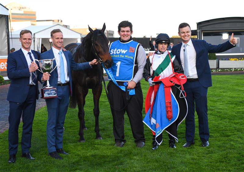MELBOURNE, AUSTRALIA - SEPTEMBER 02: Trainers Will Hayes, JD Hayes and Ben Hayes pose with Mr Brightside after winning in Race 9, the Stow Storage Memsie Stakes, during Melbourne Racing at Caulfield Racecourse on September 02, 2023 in Melbourne, Australia. (Photo by Vince Caligiuri/Getty Images)