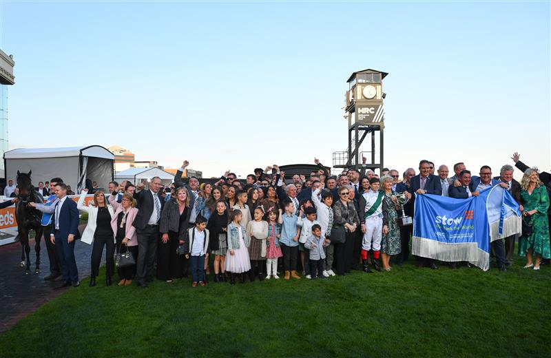 MELBOURNE, AUSTRALIA - SEPTEMBER 02: Winning connections after Mr Brightside won in Race 9, the Stow Storage Memsie Stakes, during Melbourne Racing at Caulfield Racecourse on September 02, 2023 in Melbourne, Australia. (Photo by Vince Caligiuri/Getty Images)