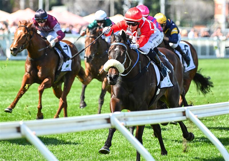 MELBOURNE, AUSTRALIA - SEPTEMBER 02: Jamie Kah riding Nunthorpe winning Race 3, the Fierce Impact - Pedigree Performance, during Melbourne Racing at Caulfield Racecourse on September 02, 2023 in Melbourne, Australia. (Photo by Vince Caligiuri/Getty Images)