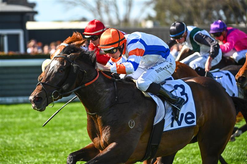 MELBOURNE, AUSTRALIA - SEPTEMBER 02: Damian Lane riding Veight defeats Jamie Kah riding Lagacies in Race 5, the Ive Mcneil Stakes,   during Melbourne Racing at Caulfield Racecourse on September 02, 2023 in Melbourne, Australia. (Photo by Vince Caligiuri/Getty Images)