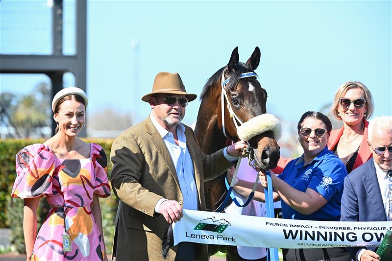 MELBOURNE, AUSTRALIA - SEPTEMBER 02: Trainers Katherine Coleman and Peter Moody pose after Nunthorpe won Race 3, the Fierce Impact - Pedigree Performance, during Melbourne Racing at Caulfield Racecourse on September 02, 2023 in Melbourne, Australia. (Photo by Vince Caligiuri/Getty Images)