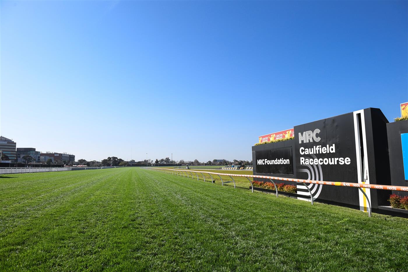 MELBOURNE, AUSTRALIA - SEPTEMBER 02:  General view of the winning post during Melbourne Racing at Caulfield Racecourse on September 02, 2023 in Melbourne, Australia. (Photo by Vince Caligiuri/Getty Images)