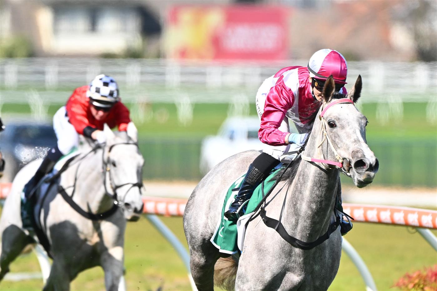 MELBOURNE, AUSTRALIA - SEPTEMBER 02: Tatum Bull riding Frigid winning Race 4, the Evergreen Turf Handicap,  during Melbourne Racing at Caulfield Racecourse on September 02, 2023 in Melbourne, Australia. (Photo by Vince Caligiuri/Getty Images)