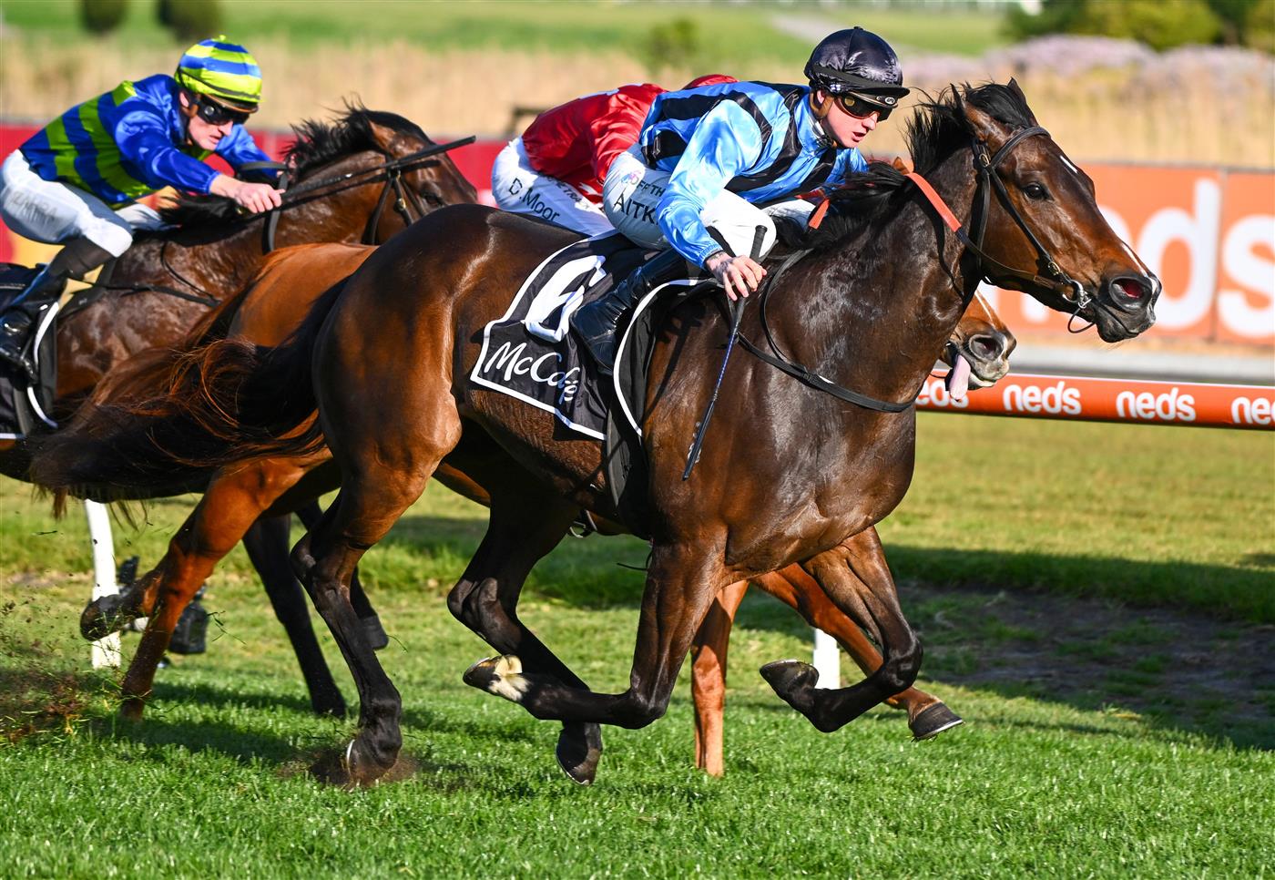 MELBOURNE, AUSTRALIA - SEPTEMBER 02: Mitchell Aitken riding Asfoora winning Race 8, the The Mccafe 1100 Stakes,   during Melbourne Racing at Caulfield Racecourse on September 02, 2023 in Melbourne, Australia. (Photo by Vince Caligiuri/Getty Images)