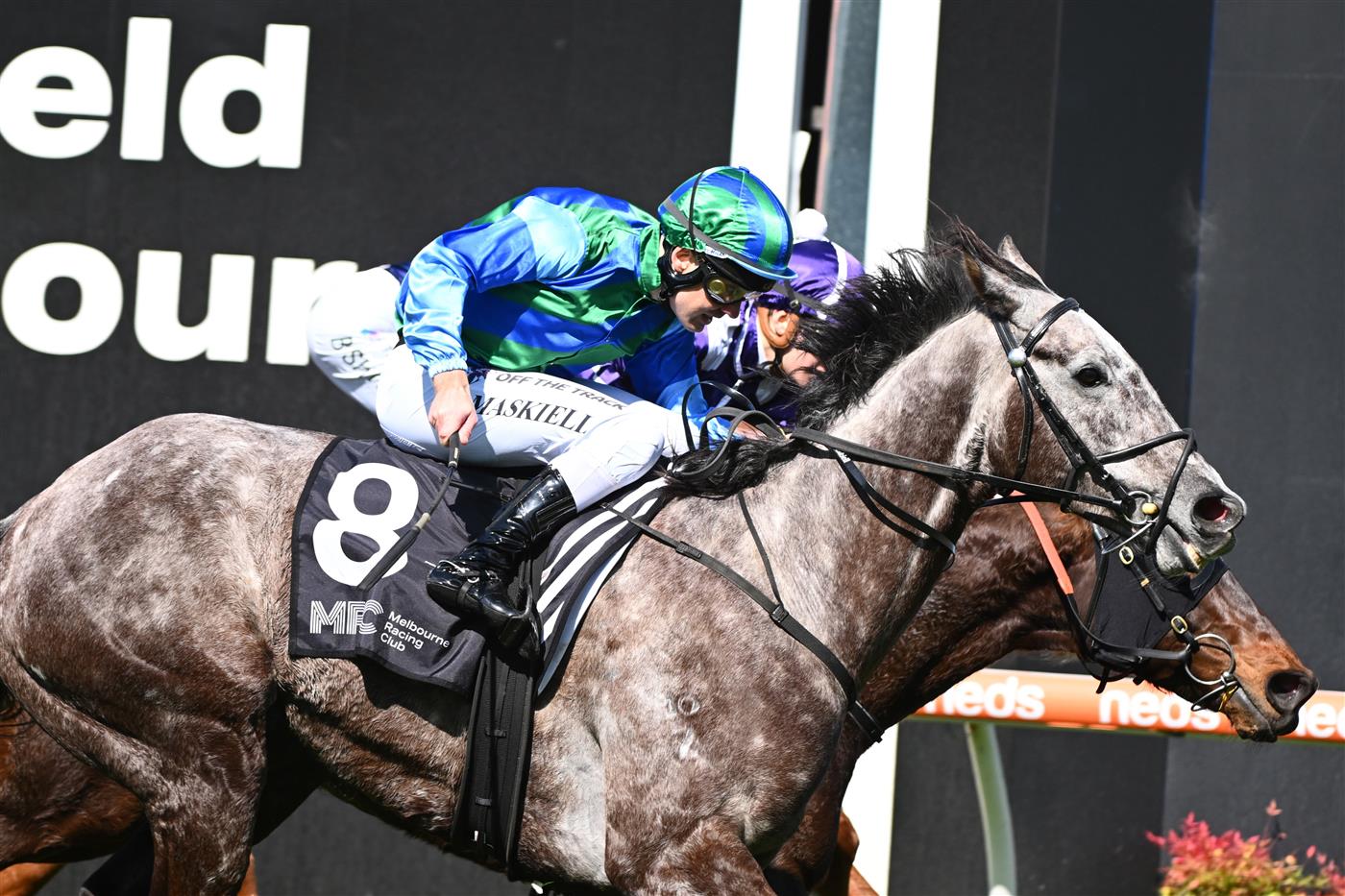 MELBOURNE, AUSTRALIA - SEPTEMBER 02: Jason Maskiell riding Seb Song winning Race 1, the Mrc Foundation Caulfield Handicap,  during Melbourne Racing at Caulfield Racecourse on September 02, 2023 in Melbourne, Australia. (Photo by Vince Caligiuri/Getty Images)