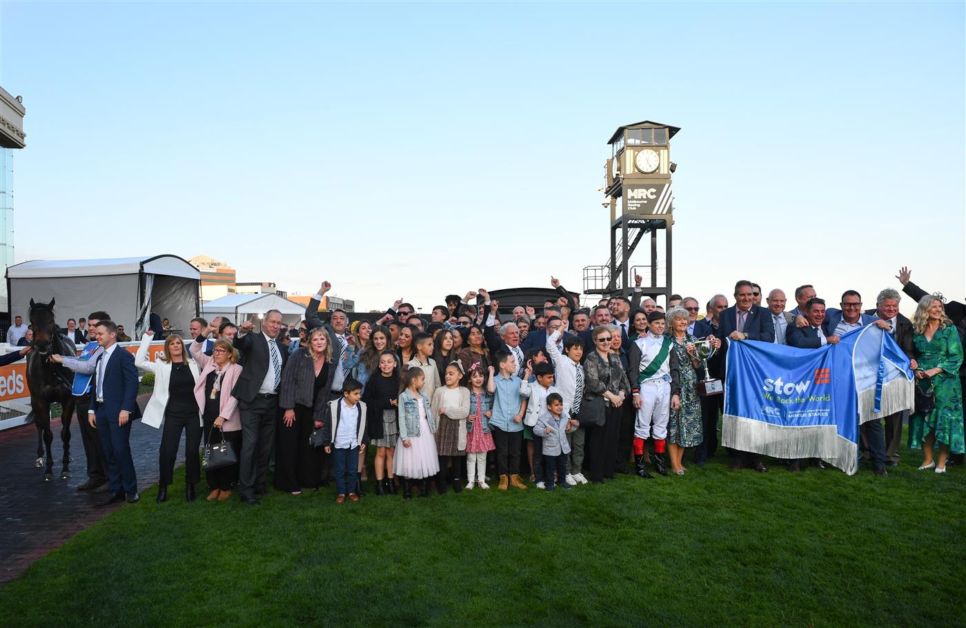 MELBOURNE, AUSTRALIA - SEPTEMBER 02: Winning connections after Mr Brightside won in Race 9, the Stow Storage Memsie Stakes, during Melbourne Racing at Caulfield Racecourse on September 02, 2023 in Melbourne, Australia. (Photo by Vince Caligiuri/Getty Images)
